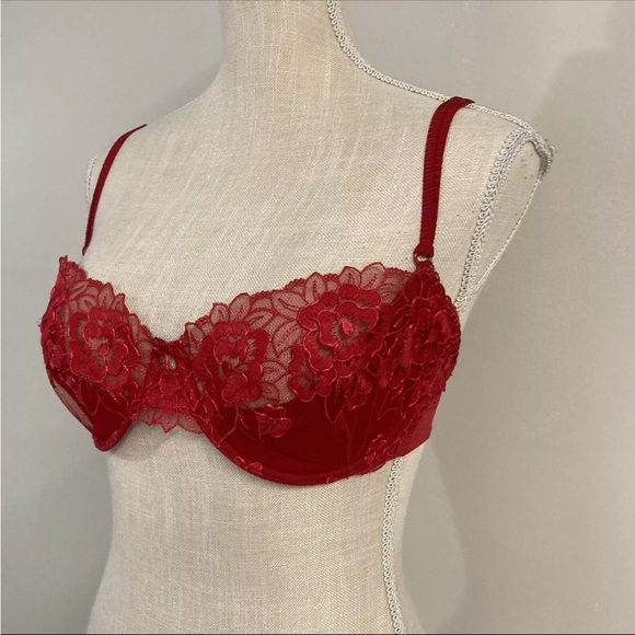 Victorias Secret 34D Dream Angels Padded Lined Balconet Bra Lacey Red Floral - Picture 2 of 8